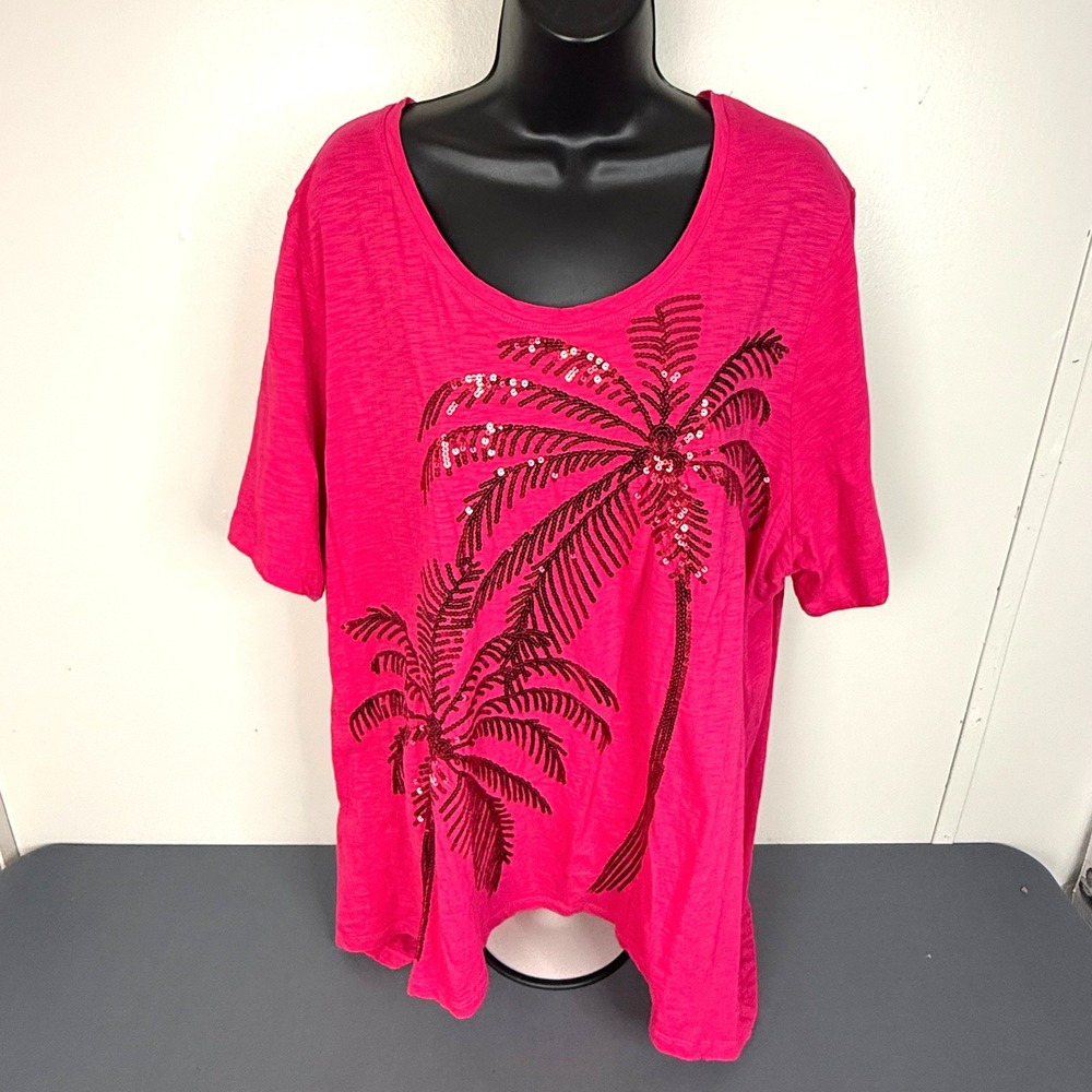 Catherines T-Shirt Womens 2X Pink Palm Tree Sequin Scoop Neck Cotton Slub Tee